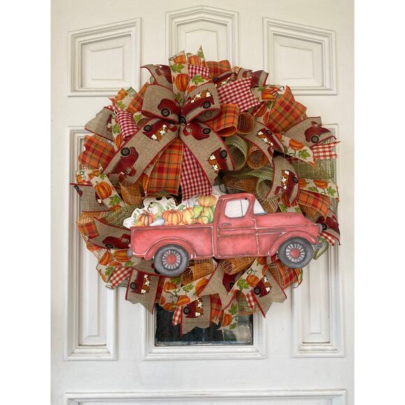 Red Pumpkin Truck Wreath, Rustic Farmhouse Mesh Ribbon Fall Autumn Wreath - Picture 1 of 7